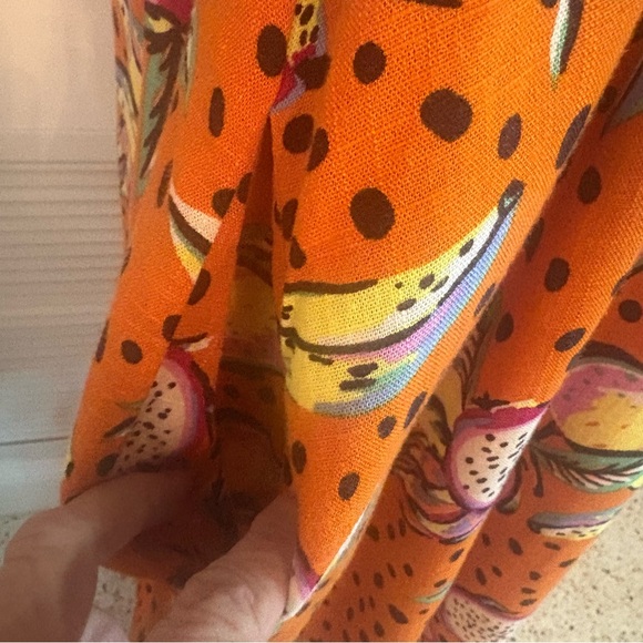 ANTHROPOLOGIE KOURT Burnt Orange Fruit & Dot Print Babydoll Dress! Rayon Linen! - Picture 4 of 16